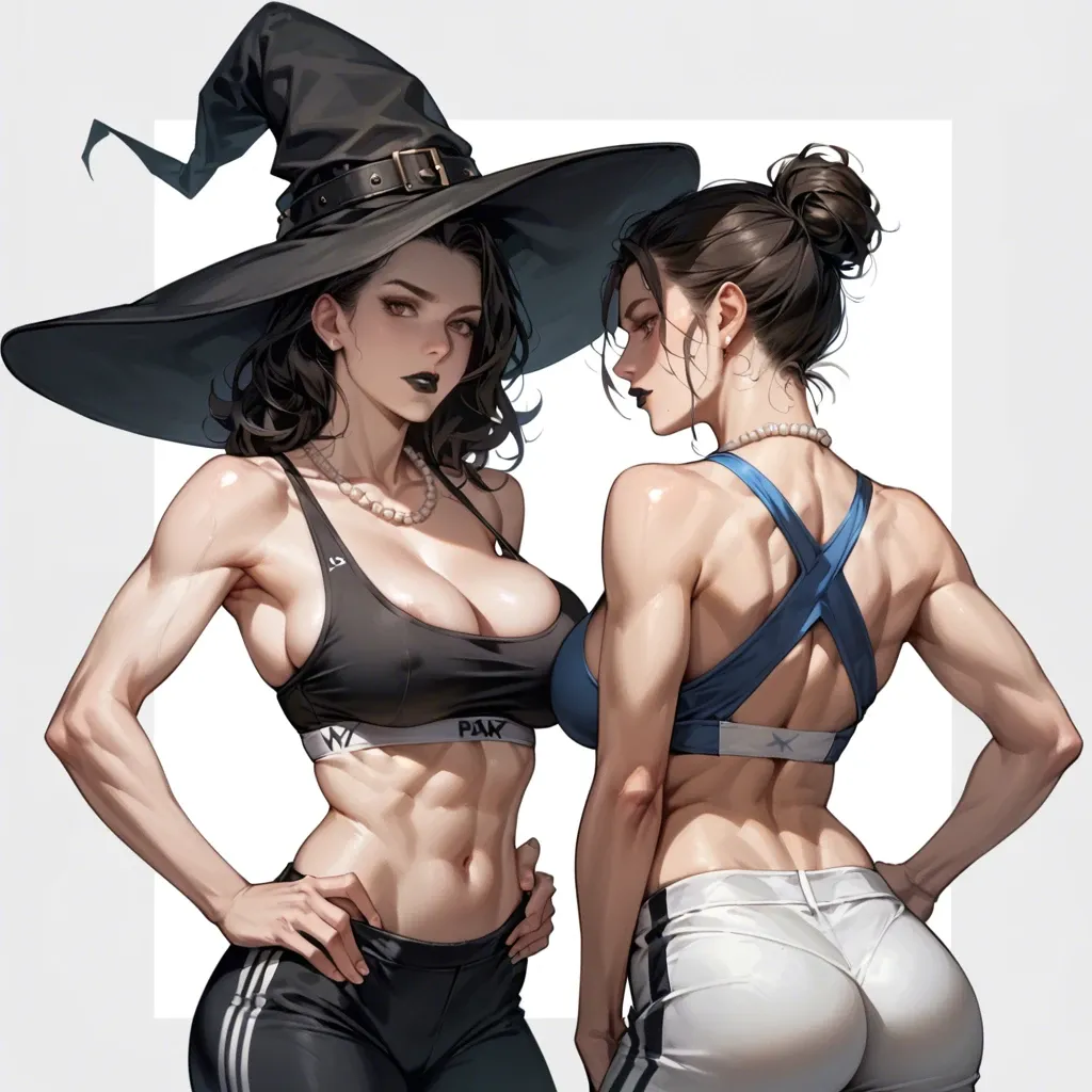 2girl, , , , big brown eyes,gushing,large boob slip,high waisted,skinned, black lipstick,hands on waist,large breasts,back view,white skin, pants pull,pearl necklace,witch hat,sports bra,black sneakers, nobara, alley, medieval, hyper-realistic, sunlight, linked, elsa, mari makinami