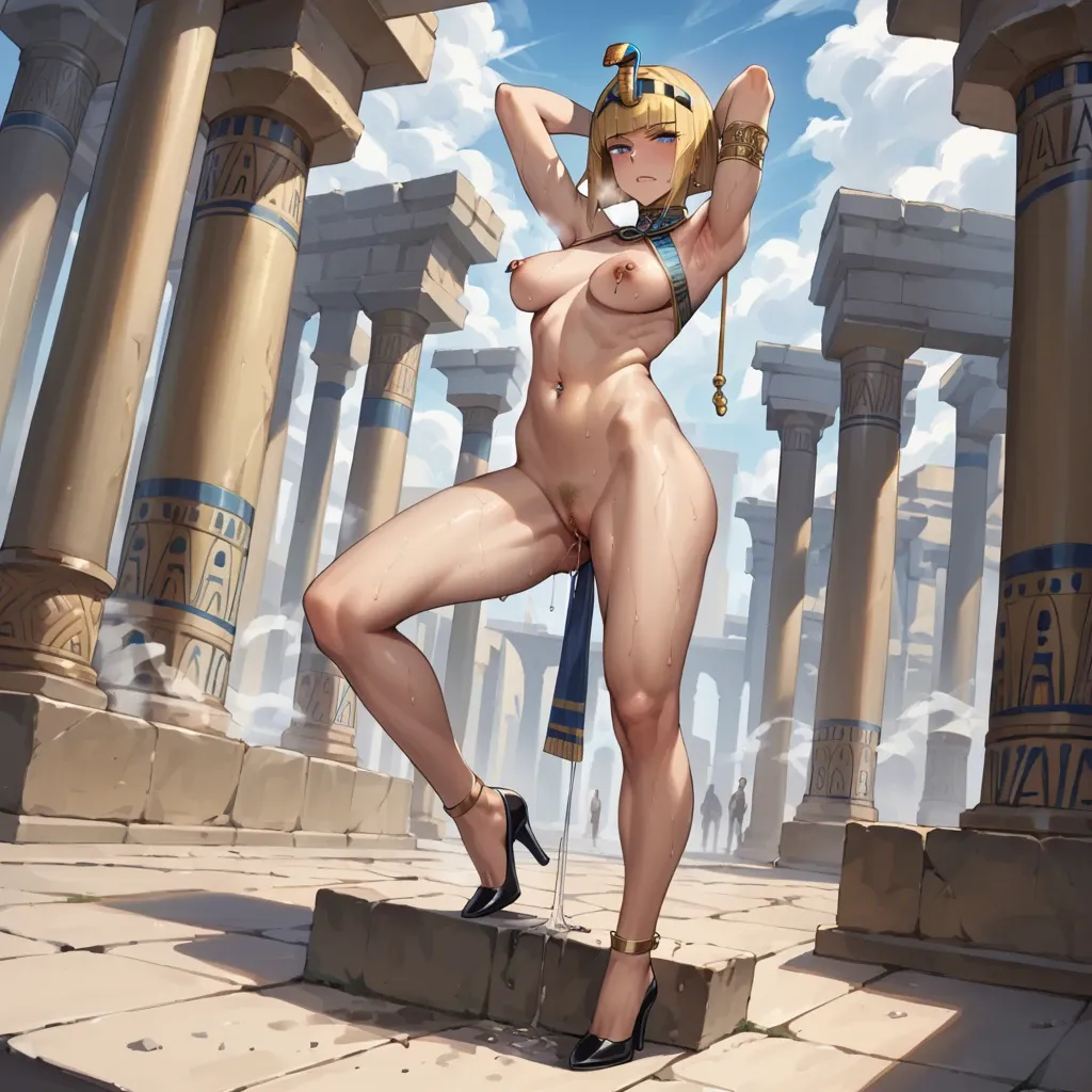 Samui blonde hair blue eyes bobcut, anime art style, high heels armpit fetish, steam, hot breath, angry eyes ,blushing, pussy juice, Egyptian, standing, one foot raised pubic hair sweaty navel piercing nipple piercing painted nails toe ring foot fetish foot focus, , spreading ass,