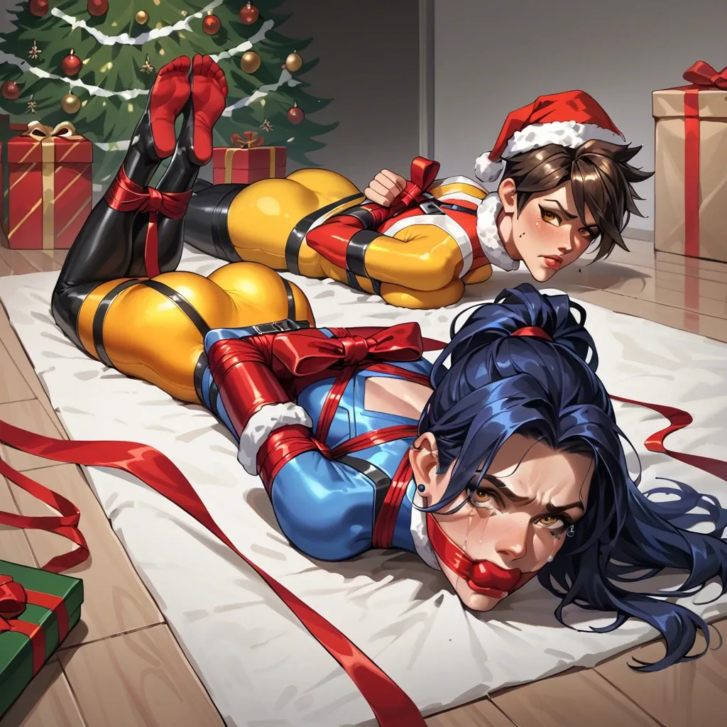 2 girls, tracer and widowmaker overwatch, gift costume,  tied up arms back, bondage, gagged, in line, in the floor, whit a dildo in her asses, crying, angry, prone bone, christmas tree