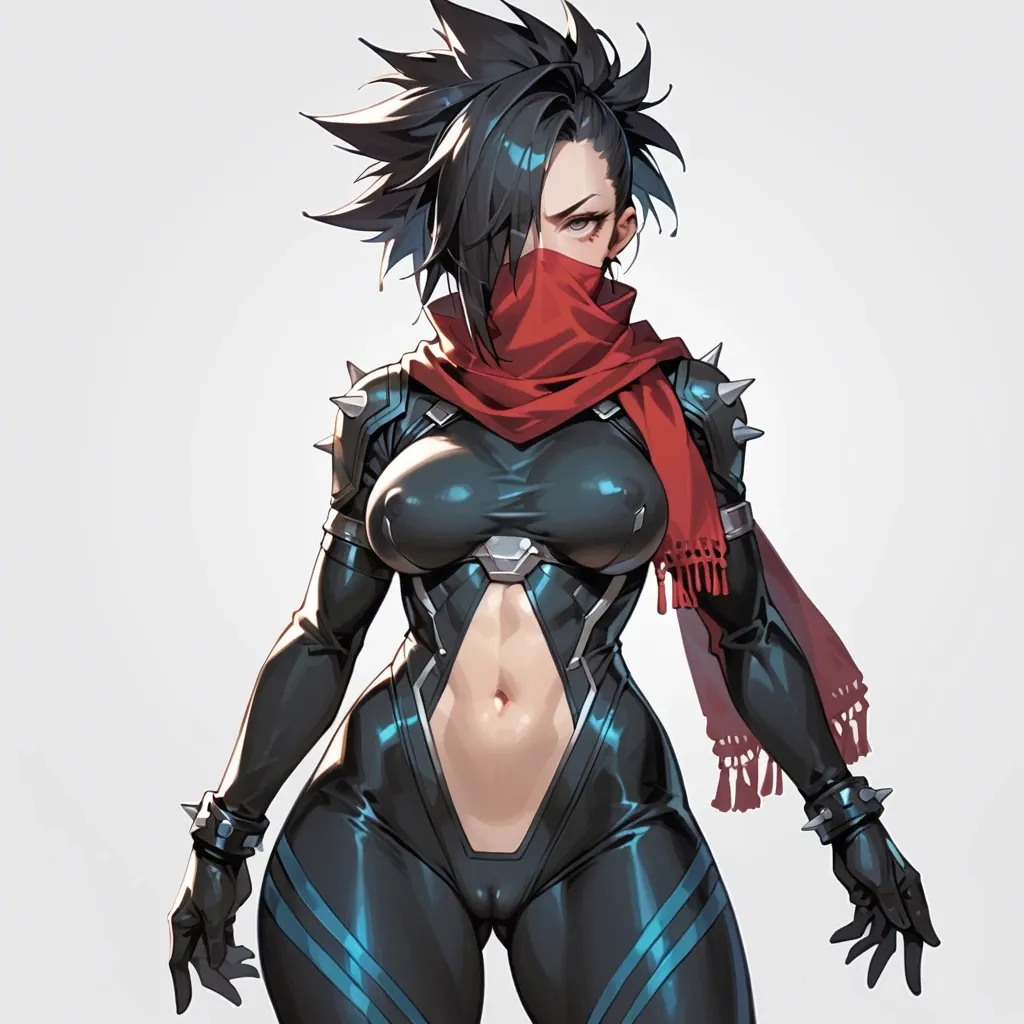 solo chibi, hair over eye, scarf covered mouth, highleg one-piece bodysuit, navel cutout, sidebob, micro ponytail, spiked hair, medium breasts, nipple bulge, cameltoe, huge hips