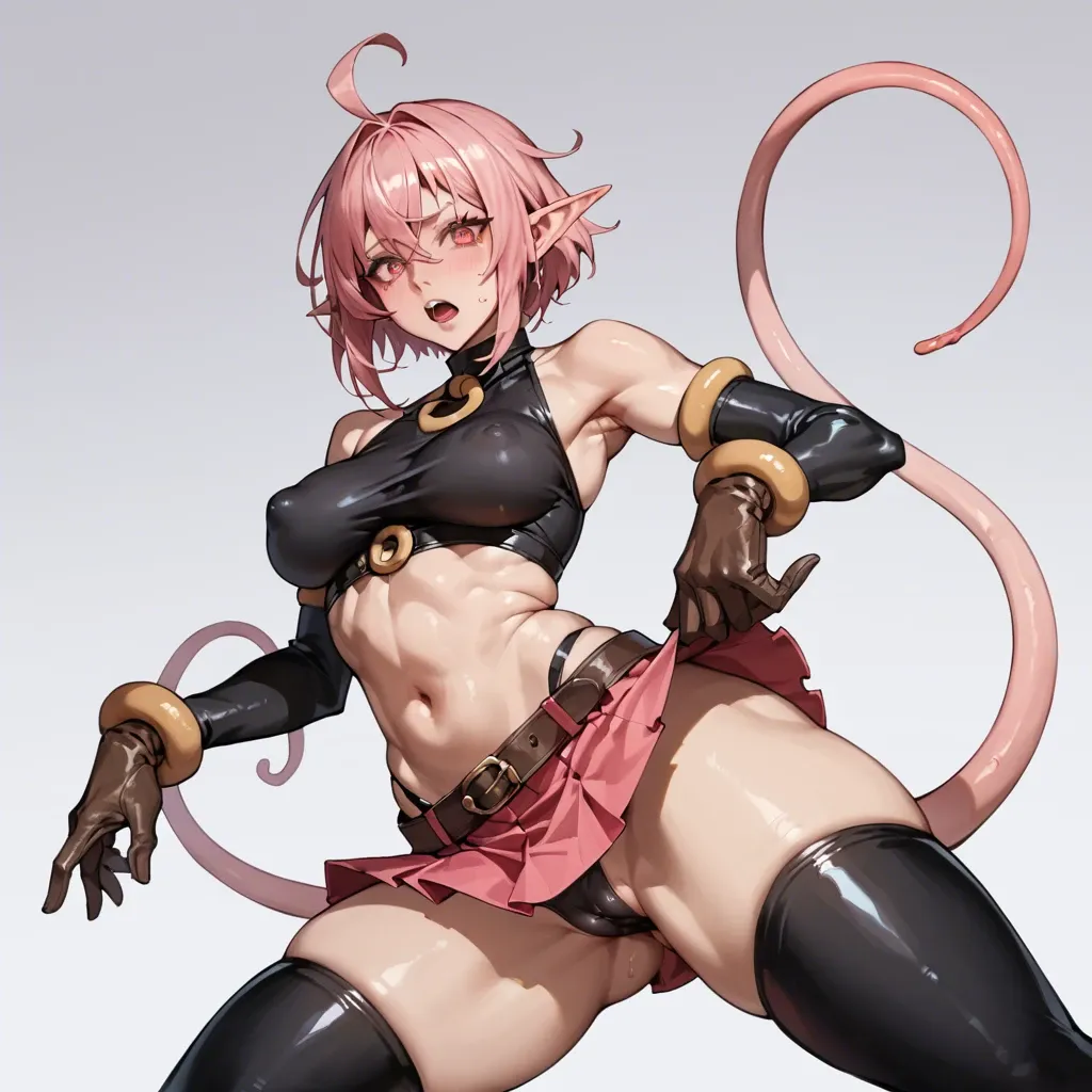 majin label, solo elf, crop top, red mini skirt, black socks, thighhighs, brown gloves, armwear, ahoge, pink bangs, huge sidelocks, medium breasts, nipple bulge, cameltoe, puffy thighs