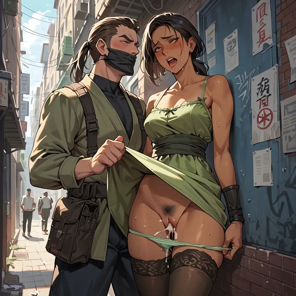 Ninja, Tan, public alleyway, green sundress, panties pulled down, stockings, pussy , creampie sex, hairy pussy , eyes crossed, mouth open, drooling , blushing, shaking