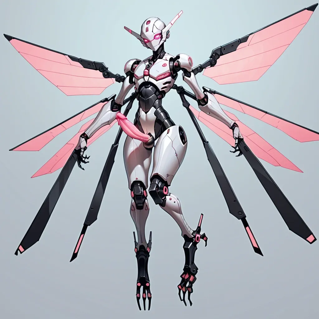 giant robot, femboy, tall, robotic bird wings, flying, robotic digitigrade legs, robotic talons, skinny, hourglass waist, armored face, silver metal skin, exoskeleton, glowing pink eyes, glowing pink penis, glowing pink tentacles, post-apocalyptic city, from below