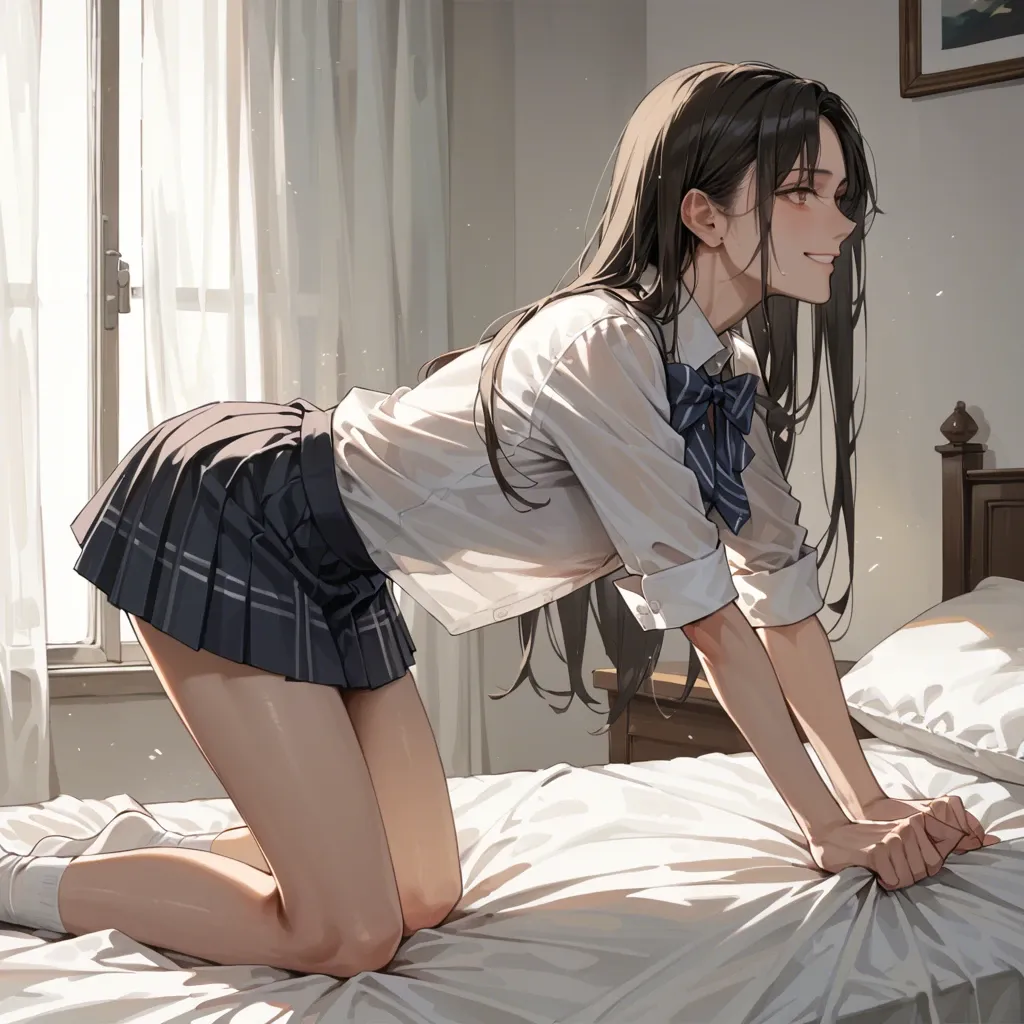 Beautiful young and skinny woman. Dark long hair. Pale skin. Wearing a schoolgirl outfit. All fours pose on a bed. Smiling. Side view.