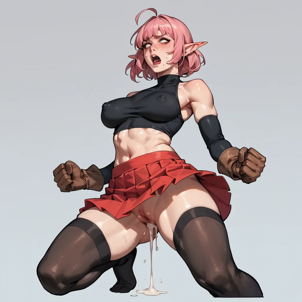 uncledrugoon, solo elf, anal sex, forced in fabric, black top, red mini skirt, brown gloves, black socks, thighhighs, armwear, ahoge, pink bangs, huge sidelocks, medium breasts, nipple bulge