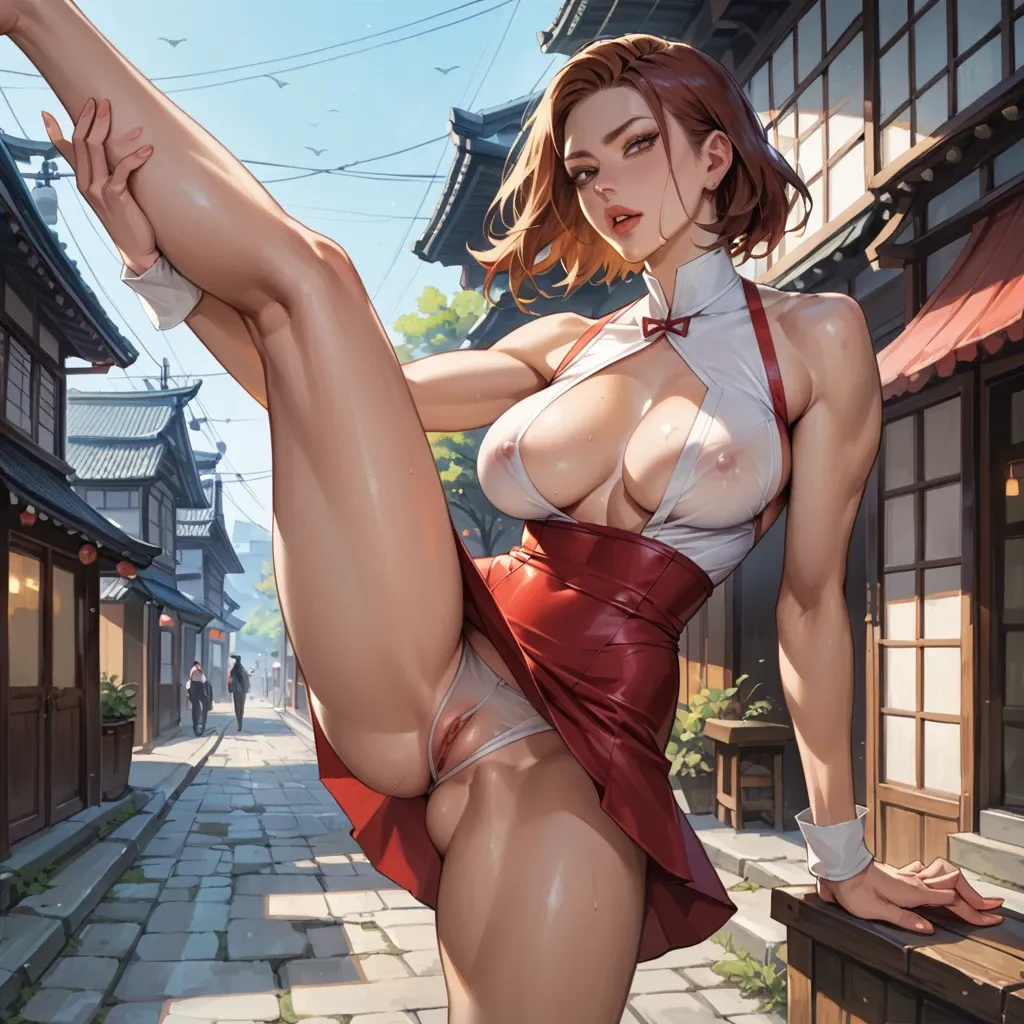 cupless tight micro kimono, upskirt, thin waist, japan town, leg up, athletic body, very deep cleavage, tits out, show perky round tits, side view, upskirt, seductive face, large burgundy closed lips, heavy upper lips, hair braid, vulgarity