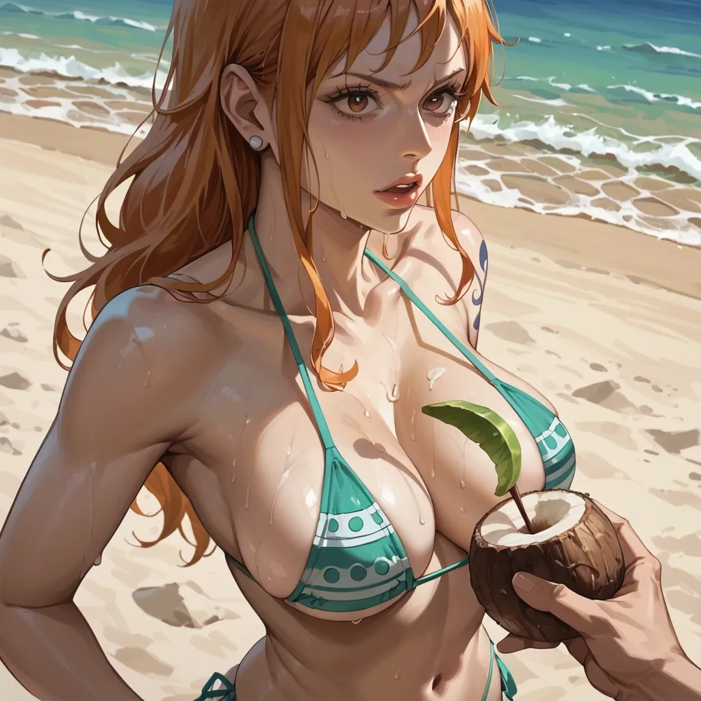 nami one piece, normal bikini, on beach, close face view, holding coconut, drinking coconut water