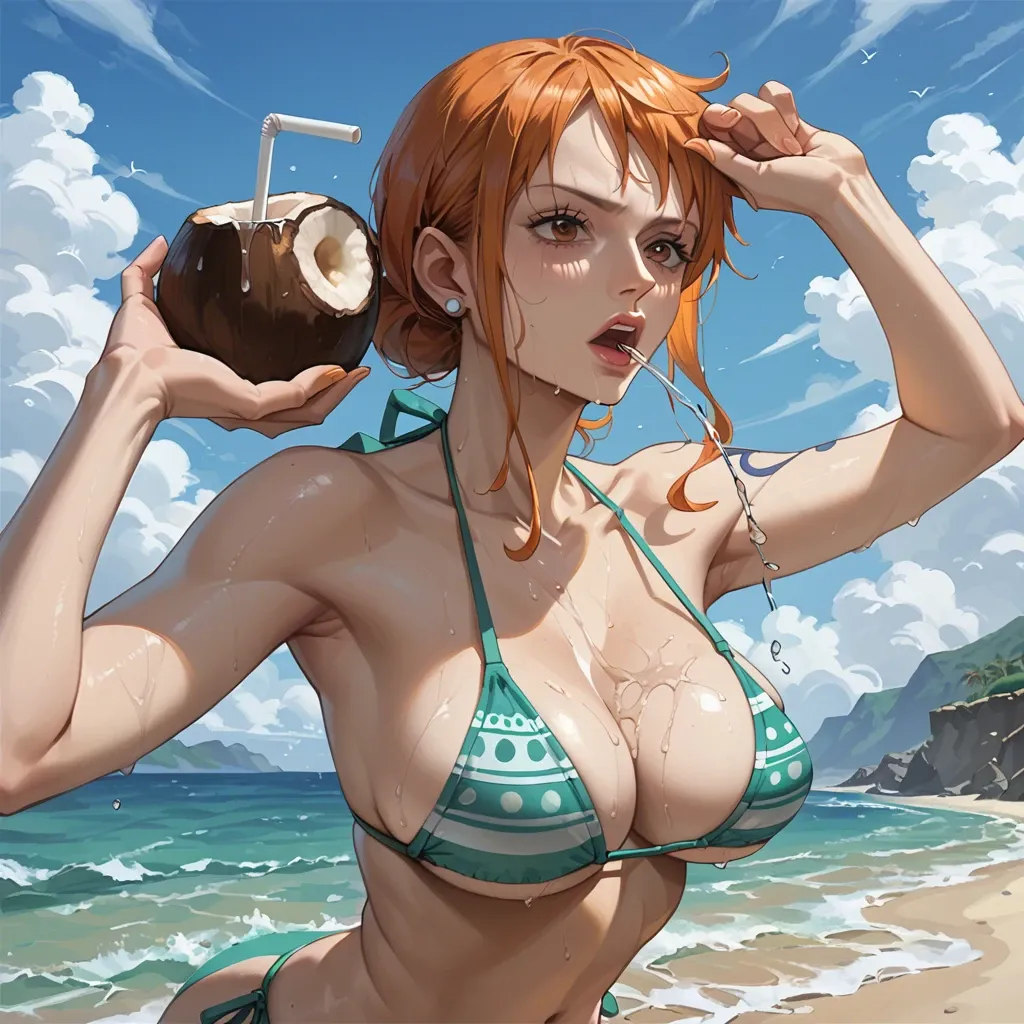 nami one piece, normal bikini, on beach, close face, raising arms, holding coconut, drinking coconut water, pouring