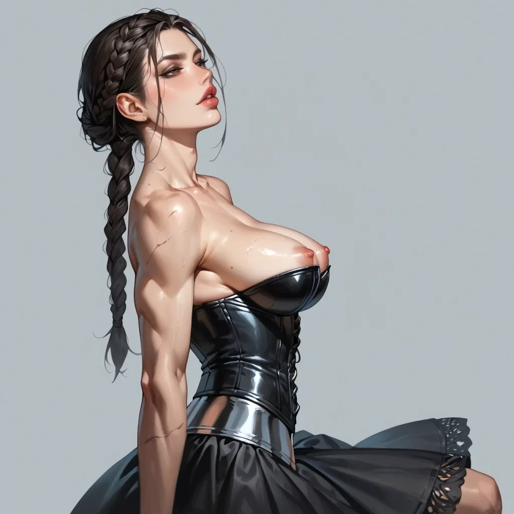 slutty transparent cupless corset skirt, athletic body, very deep cleavage, tits out, nipples out, spherical tits, side view from above, seductive face, large black closed lips, heavy upper lips, hair braid, vulgarity