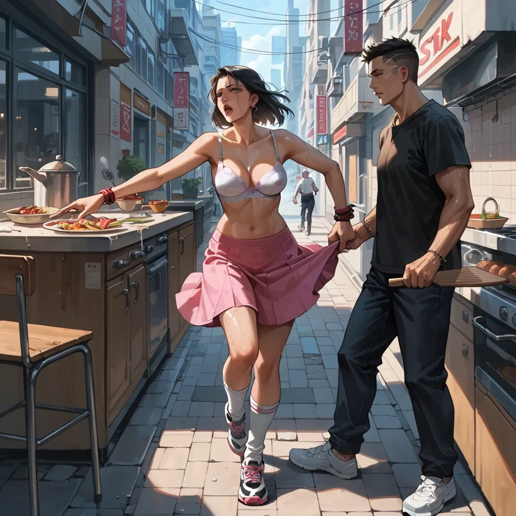 1girl,1boy, , , , perfect nose,hand fan,erect nipples,breasts shaking,wrists bound, pink skirt,baggy socks,earrings,pull wet bra,running shoes, in a kitchen, streets, cyberpunk, table, anime artwork, dimples, princess peach, ariel