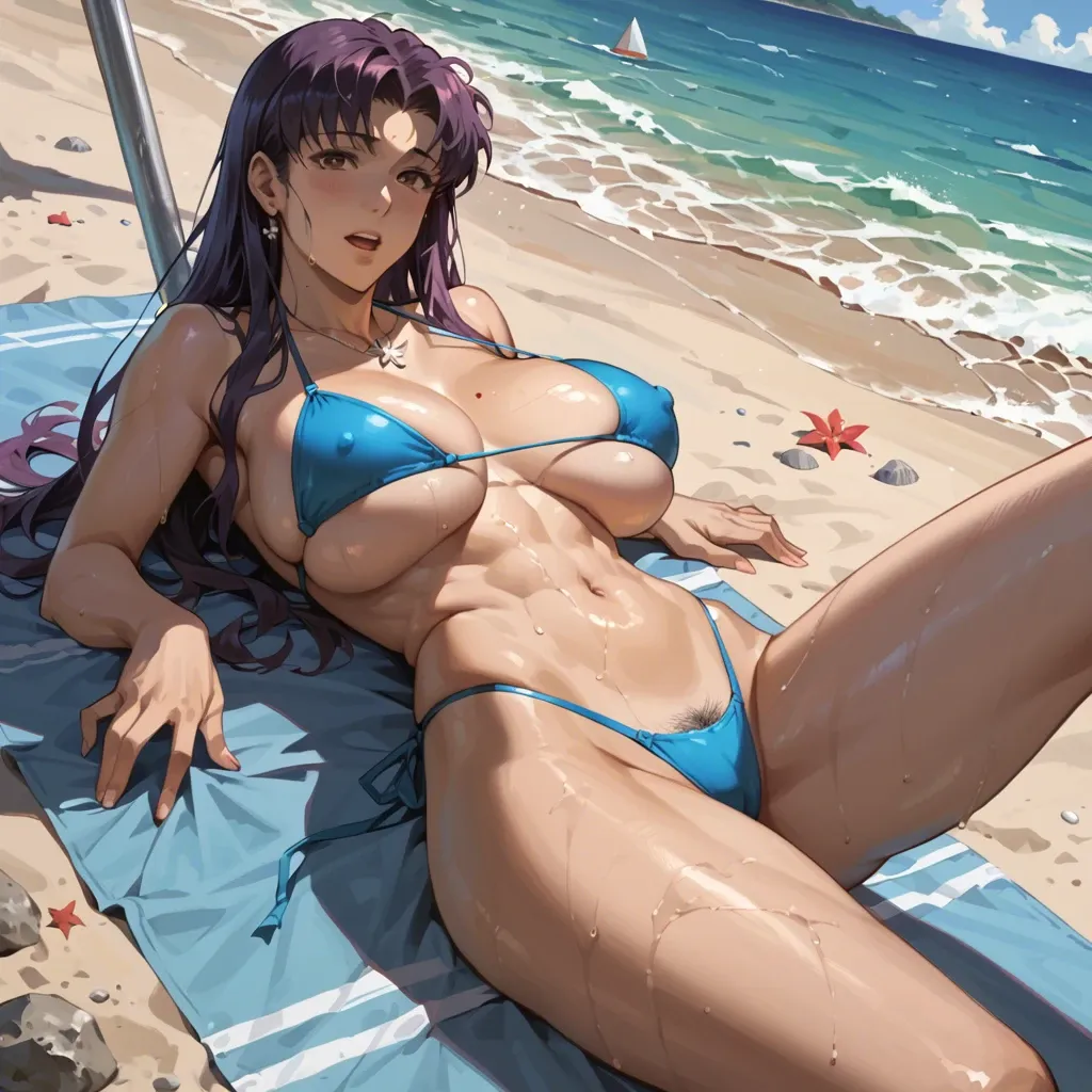 1 woman, misato katsuragi, sexy milf, in bikini, huge breasts, on beach