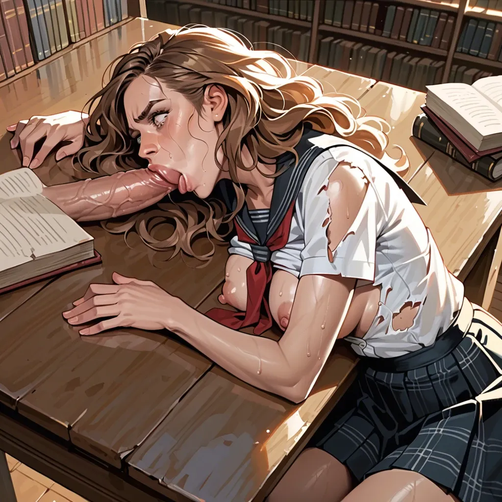 hermione granger, skinny, big tits, big nipples, torn school uniform, library, lying on table, cunnilingus, deep throat, huge cock, afraid, sweaty, exhausted, grope