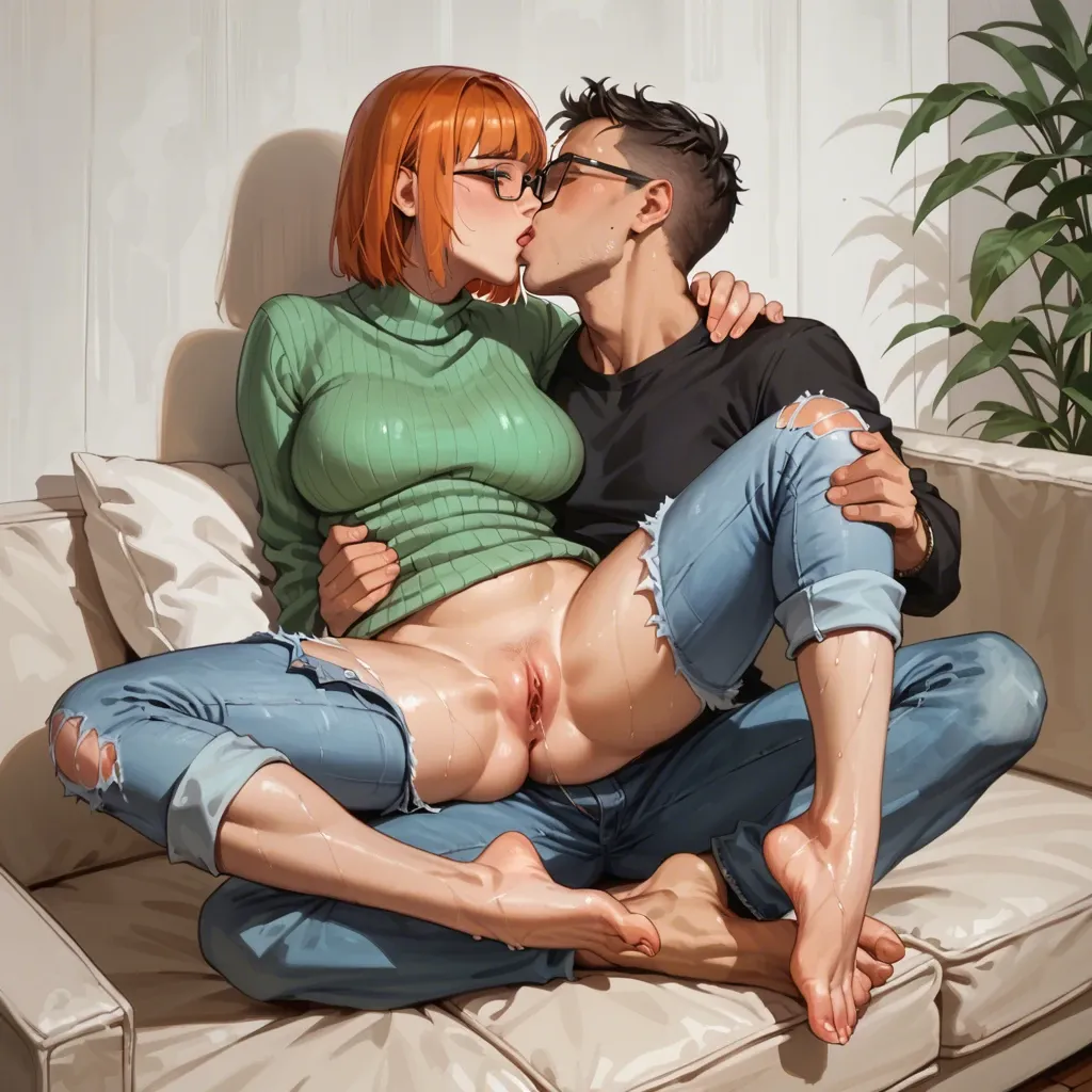 Fringe , cut hair, tatted , glasses, cute,  sweater, jeans , bare feet, Orange hair, sofa, wet, kiss , tits touch, pussy touch