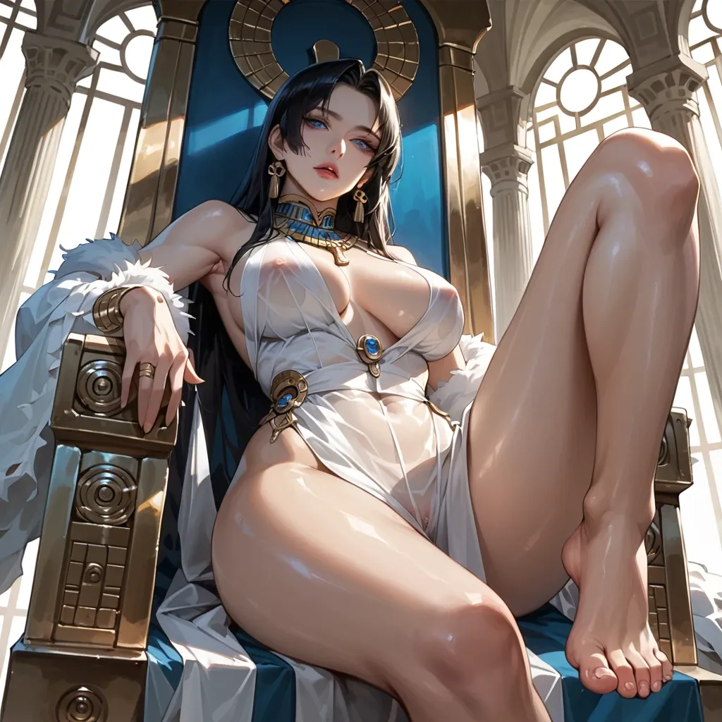 Ultra realistic, Dynamic lighting, legs crossed, sitting on Egyptian throne,, White pale Korean-Boa-Hancock blue eyes, sexy dress, seductive pose, see-through clothes, sexy femine curvy body big breasts, sexy feet below view