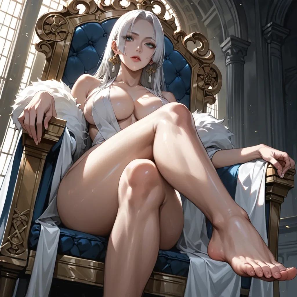 Ultra realistic, Dynamic lighting, legs crossed, sitting on throne,, White pale Korean-Boa-Hancock blue eyes, seductive pose,  sexy naked femine curvy body big breasts, sexy feet below view