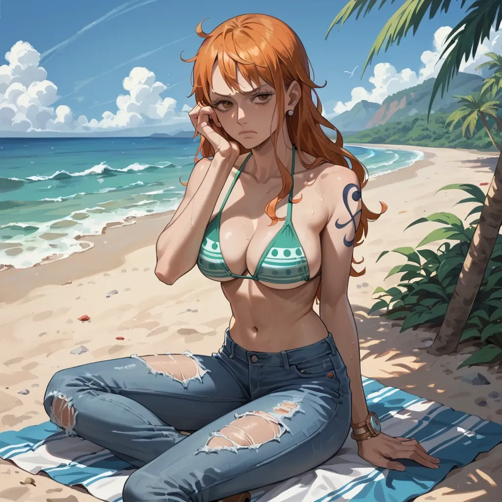 nami one piece, normal bikini, jeans pants,  sitting on the beach, hand on face, tired expression