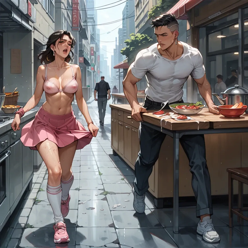 1girl,1boy, , , , perfect nose,hand fan,erect nipples,breasts shaking,wrists bound, pink skirt,baggy socks,earrings,pull wet bra,running shoes, in a kitchen, streets, cyberpunk, table, anime artwork, dimples, princess peach, ariel