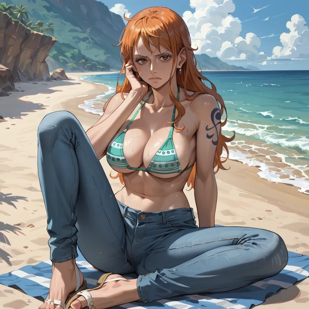 nami one piece, normal bikini, jeans pants,  sitting on the beach, hand on face, tired expression