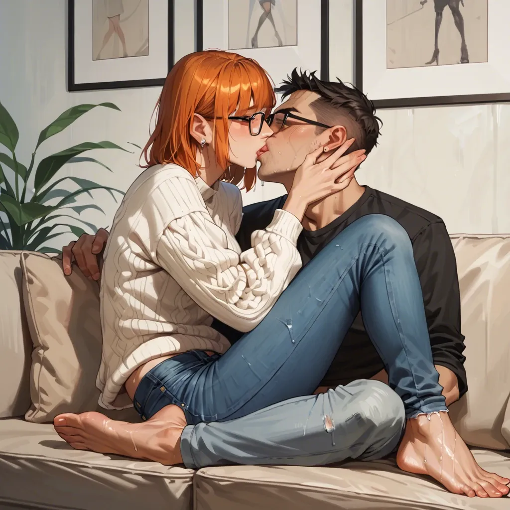 Fringe , cut hair, tatted , glasses, cute,  sweater, jeans , bare feet, Orange hair, sofa, wet, kiss , tits touch