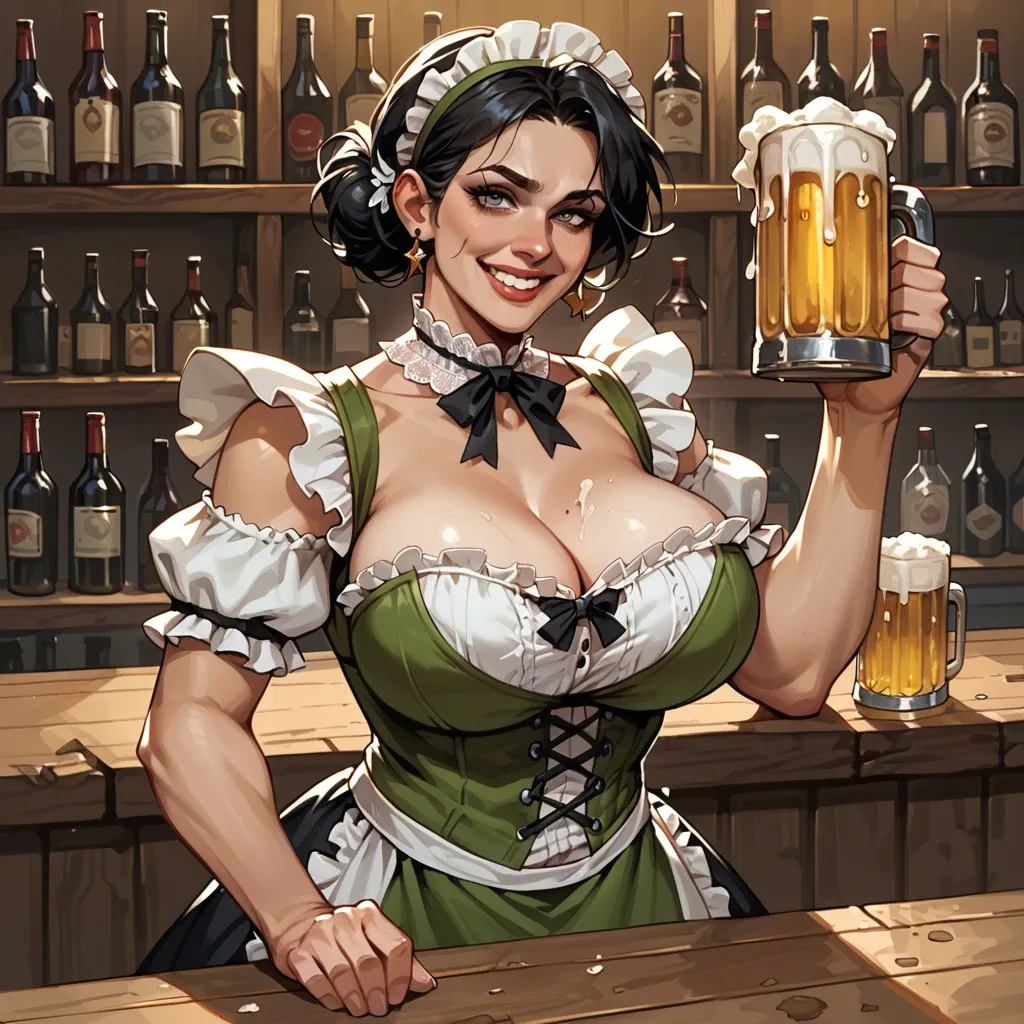 Dirndl, German Fuckdoll, black Hair, massive tits massive Ass, bar, Beer ,  smiling, flirting, portrait