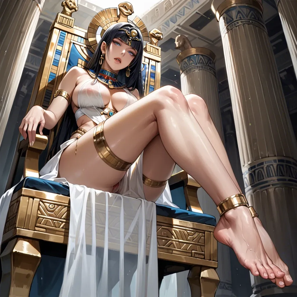 Ultra realistic, Dynamic lighting legs crossed, sitting on Egyptian throne,, White pale Korean-Boa-Hancock blue eyes, Egyptian clothes, seductive pose, see-through clothes, sexy femine curvy body big breasts, sexy feet below view