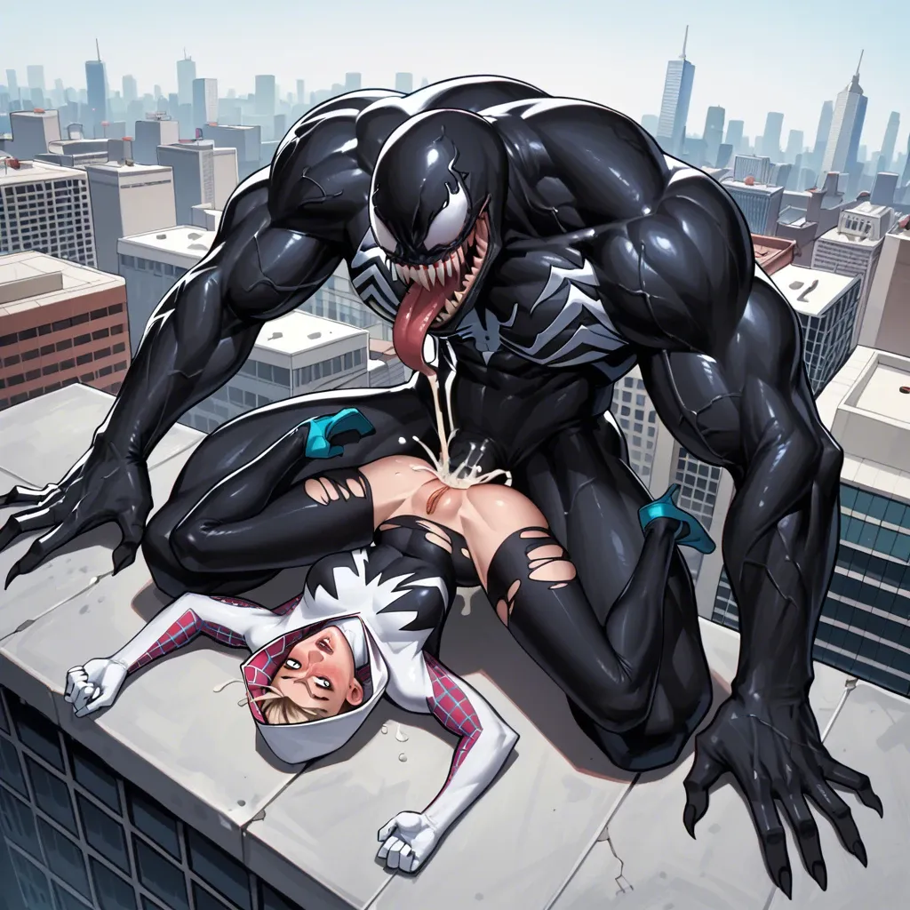 Spider-gwen, laying on back, upside down, anal sex, bottomless, ripped clothes, Venom, extreme massive bulging hyper penis bigger than arm, massive swollen balls, cum in ass, new york rooftop, night