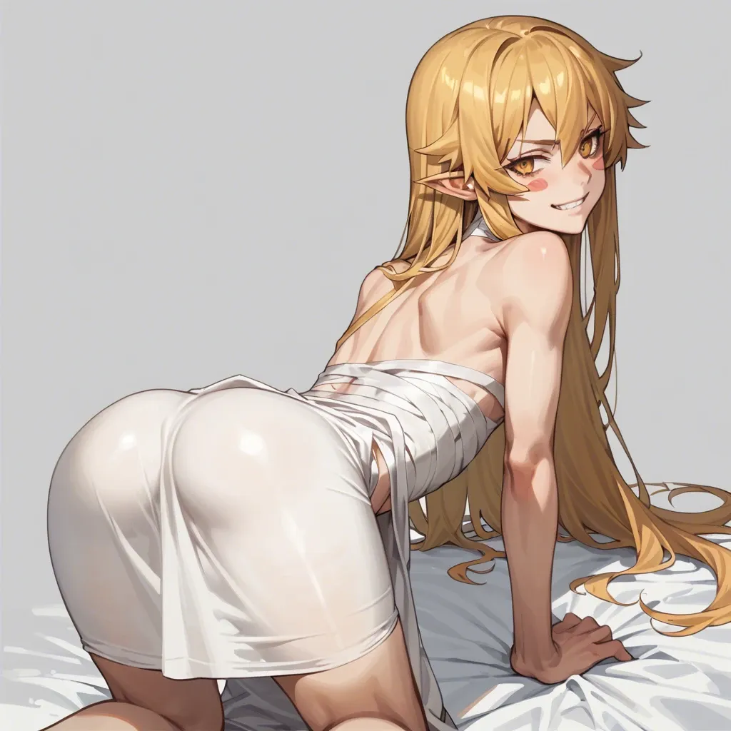 flat chest, oshino shinobu, long hair, solo, blonde hair, yellow eyes, pointy ears, dress, white dress, blush stickers, bare shoulders, all fours, rear view, ass focus, evil smile, seductive_smile, bandaid on pussy