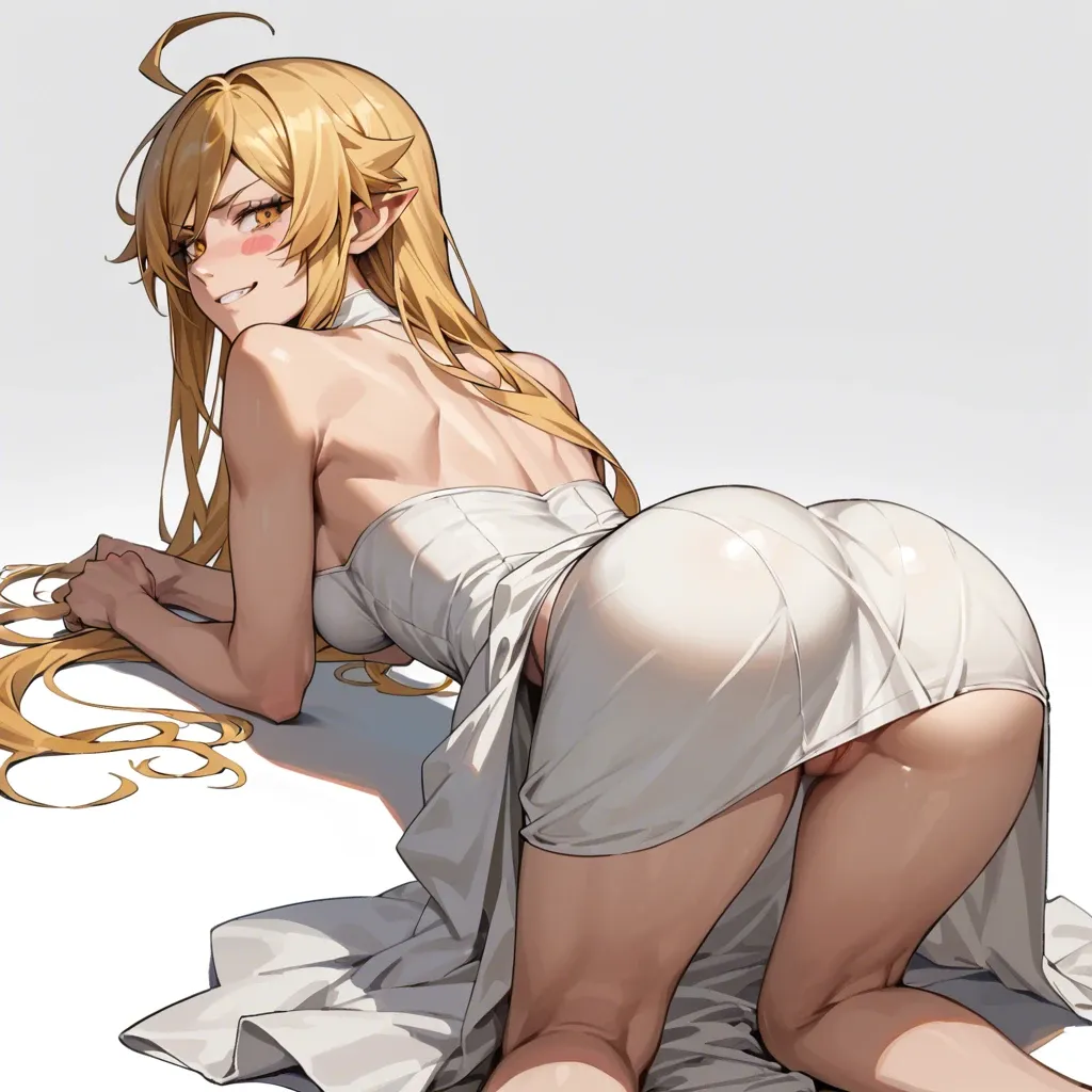 oshino shinobu, long hair, solo, blonde hair, yellow eyes, pointy ears, dress, white dress, blush stickers, bare shoulders, all fours, rear view, ass focus, evil smile, seductive_smile, bandaid on pussy