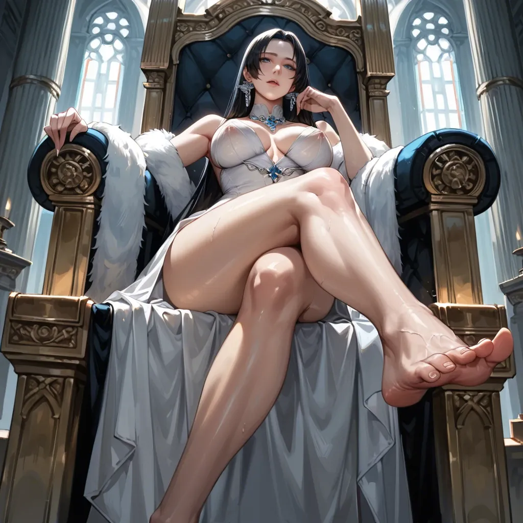 Ultra realistic, Dynamic lighting, legs crossed, sitting on throne,, White pale Korean-Boa-Hancock blue eyes, sexy dress, seductive pose, see-through clothes, sexy femine curvy body big breasts, sexy feet below view