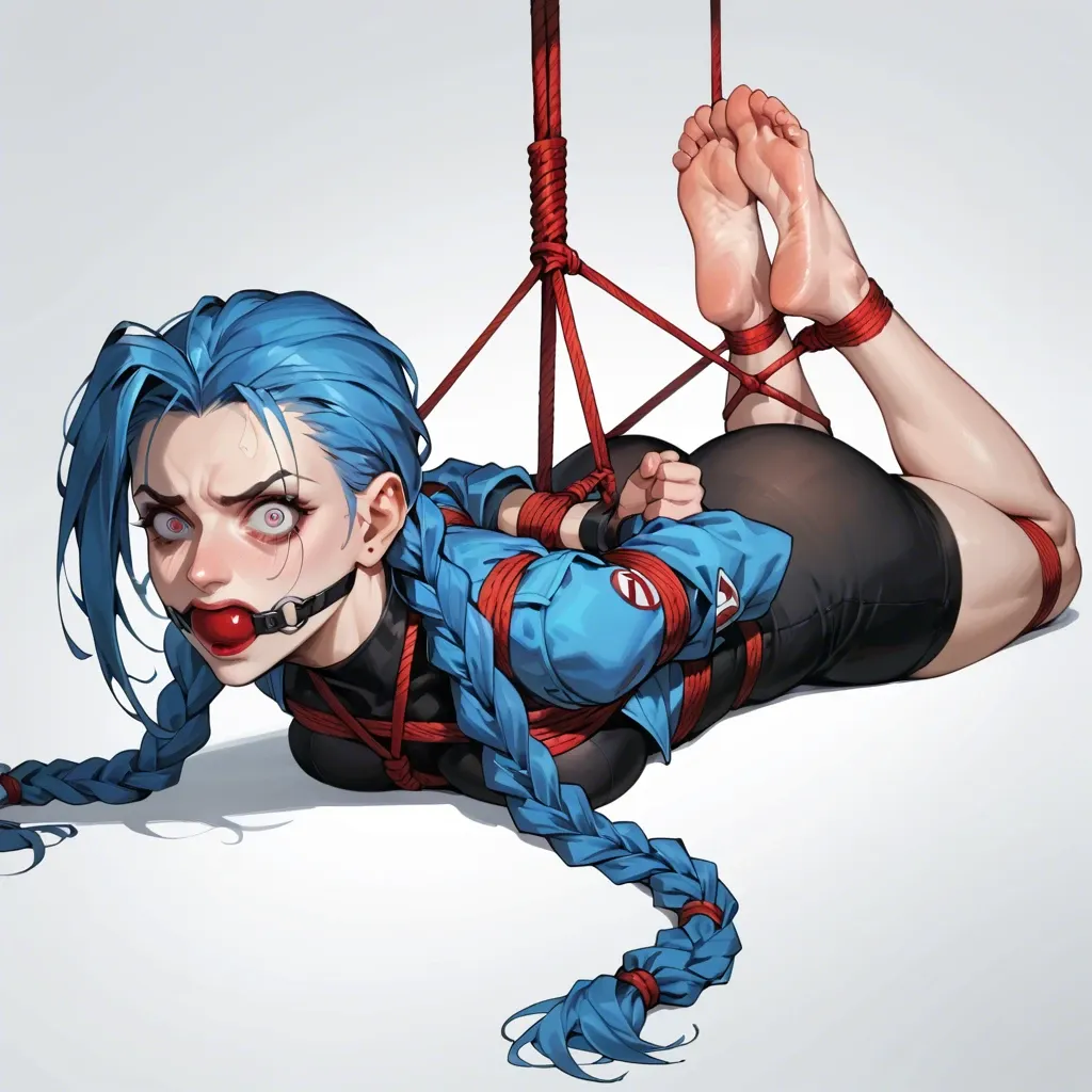 1girl, solo, Jinx \(Arcane\), full clothes, barefoot, laying on stomach, rope bondage, arching, hogtied, hands behind the back, huge ball gagged, looking at viewer, feet focus, shocked, scared, ((face view))