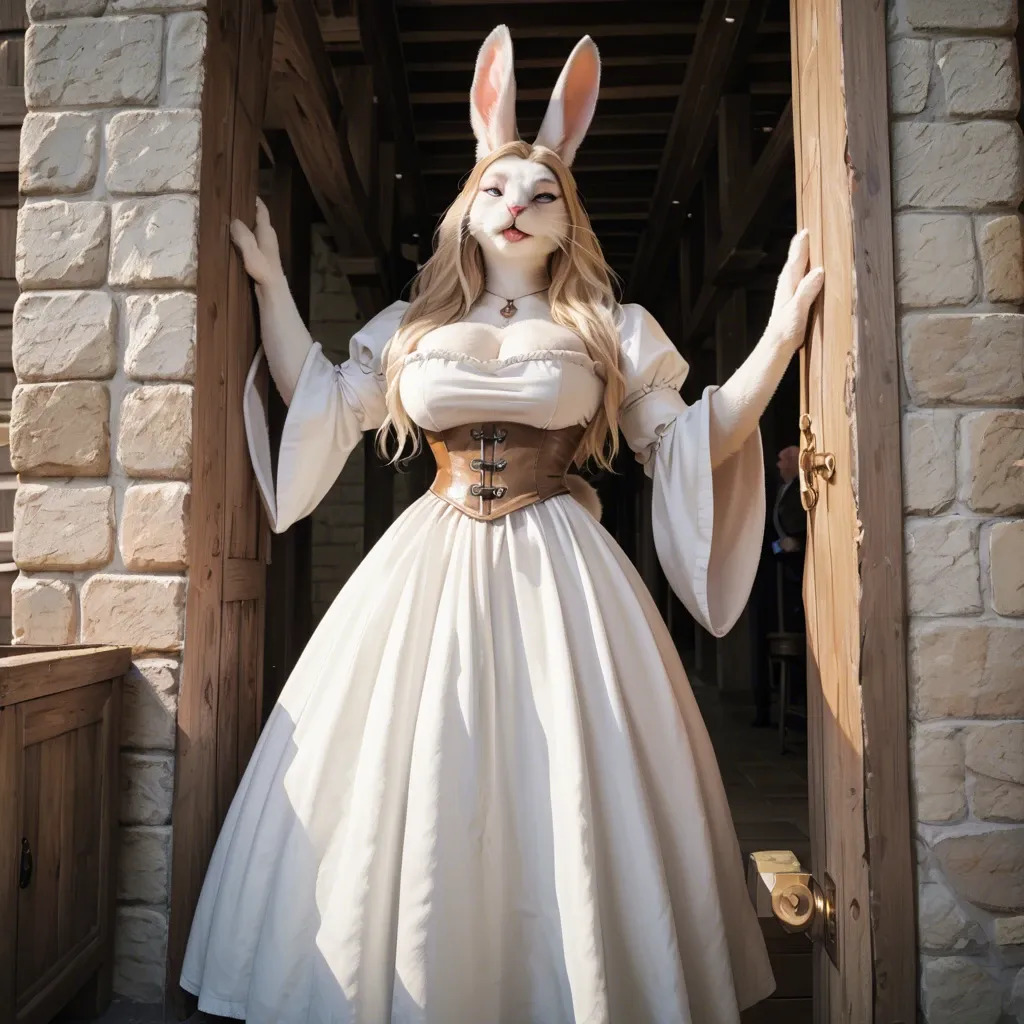 white hare,pov standing , Standing closeup,  white hare, Medieval theme, wearing   ancient medieval dress, Blonde hair, white hare tail, white hare bimbo,  Bimbo huge fake tits, furry anthro,  Realistic 3d anthro, white abdominal, white hare  anthro, sexy milf, long blonde hair,  Realistic 3d anthro, white hare, furry anthro, Bimbo huge fake tits, white hare,  blonde hair bimbo, Medieval theme