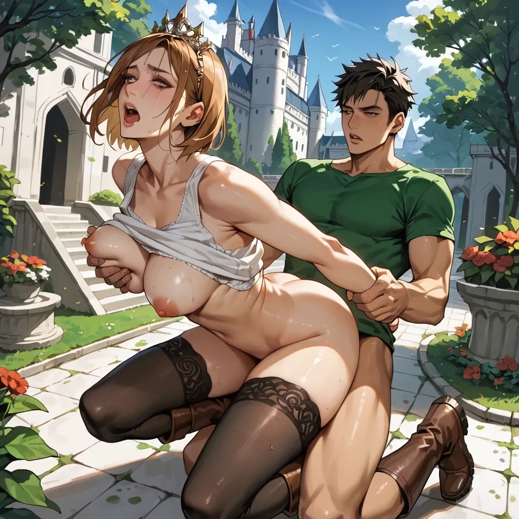 1girl,1boy, , , , runny eyeliner, sex, astonishing,perky tits,grab breasts,white tank top, green shirt,black stockings,tiara,loose bra,brown boots, nobara kugisaki, gardens, castle, respectable, hyper-detailed, dark blue eyes, elsa hair, miku hatsune