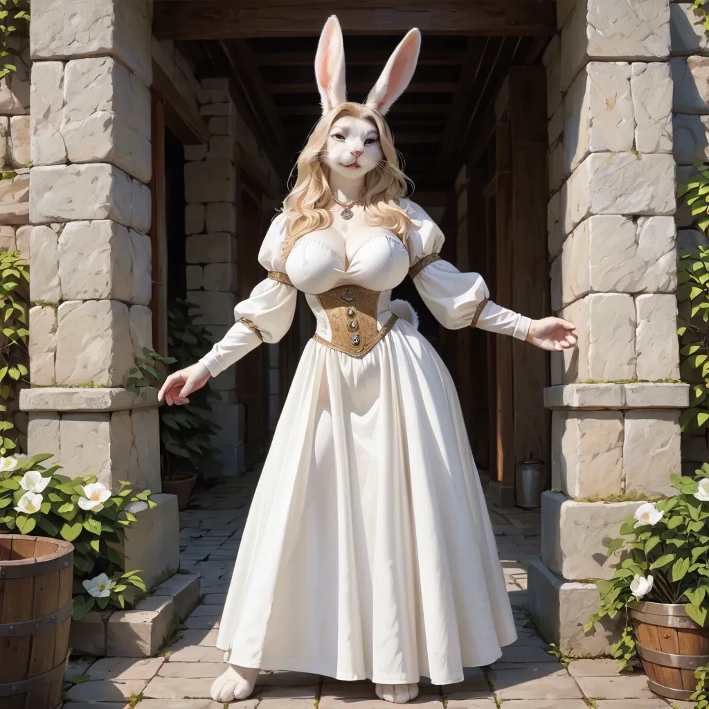 white hare,pov standing , Standing,  white hare, Medieval theme, wearing   ancient medieval dress, Blonde hair, white hare tail, white hare bimbo,  Bimbo huge fake tits, furry anthro,  Realistic 3d anthro, white abdominal, white hare  anthro, sexy milf, long blonde hair,  Realistic 3d anthro, white hare, furry anthro, Bimbo huge fake tits, white hare,  blonde hair bimbo, Medieval theme