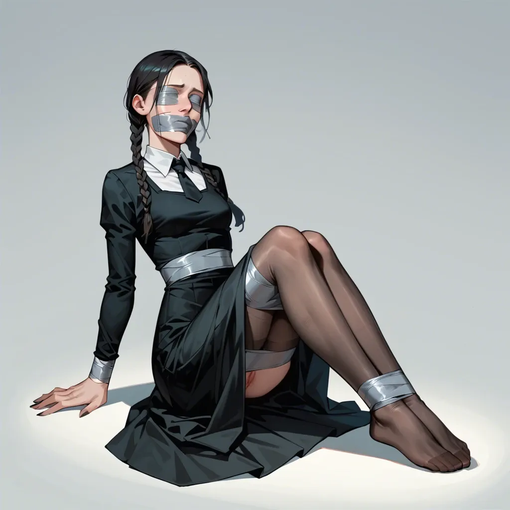 1girl, Wednesday Addams \(Wednesday\), black dress, long skirt, stockings, no shoes, hogtied, lying on stomachtape bondage, taped up, legs taped, ankles taped, tape gagged, tape blindfold