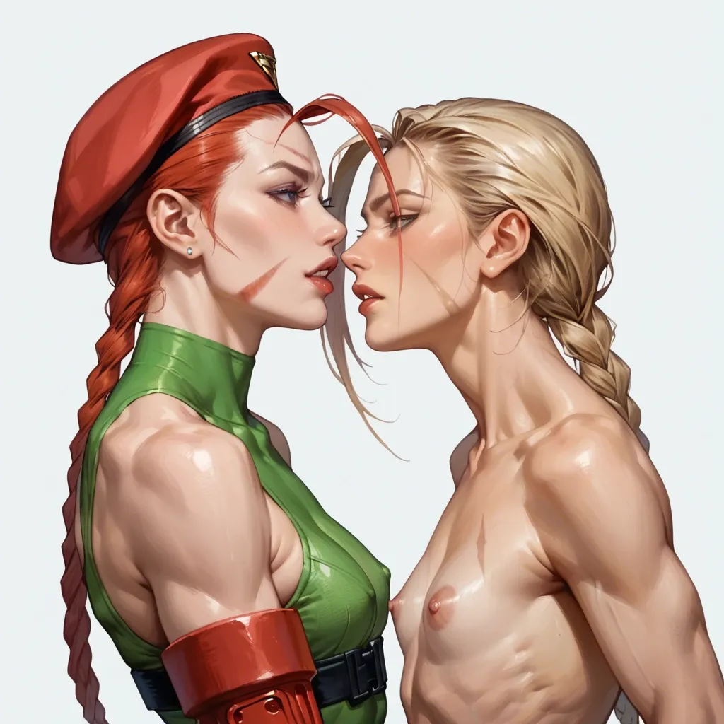 (masterpiece), realistic, 2girl,best quality, perfect face, flat chest, slender, street fighters, cammy, lesbian, the wide swipe