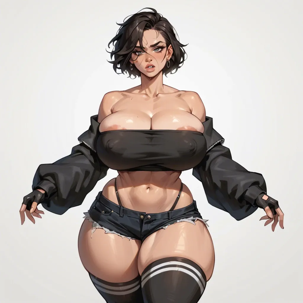 nayaase beleguii, off-shoulders, black crop top, sleeves, strapless, fingerless gloves, bursting breasts, enormous breasts, huge nipple bulge, huge hips, wide thighs, puffy thighs, thighhighs