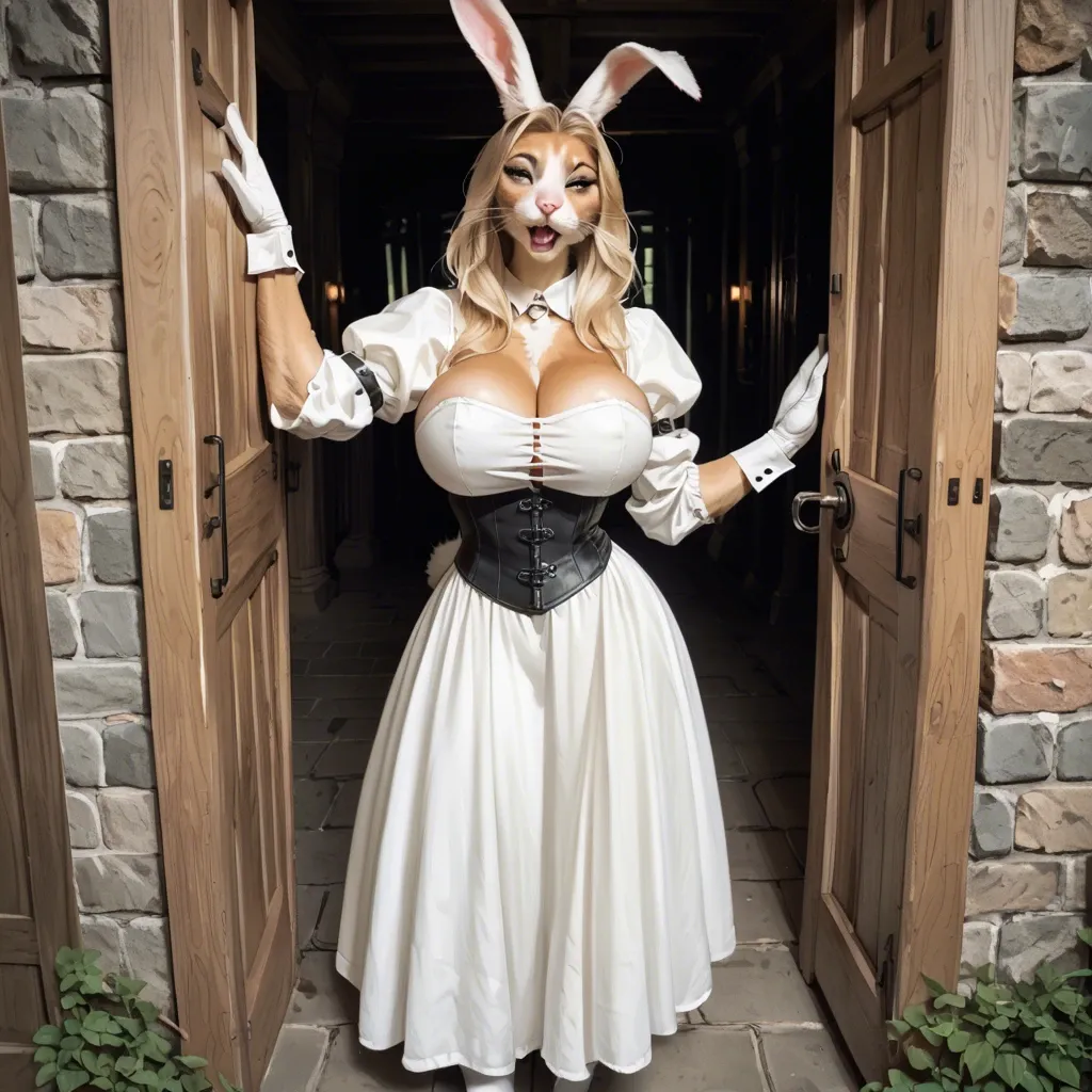 Black snout white bunny,pov standing , Standing, black snout white bunny, Medieval theme, wearing   ancient medieval dress, Blonde hair, white bunny tail, white bunny bimbo,  Bimbo huge fake tits, furry anthro,  Realistic 3d anthro, white abdominal, white bunny  anthro, sexy milf, long blonde hair,  Realistic 3d anthro, white bunny, furry anthro, Bimbo huge fake tits, white bunny,  blonde hair bimbo, Medieval theme