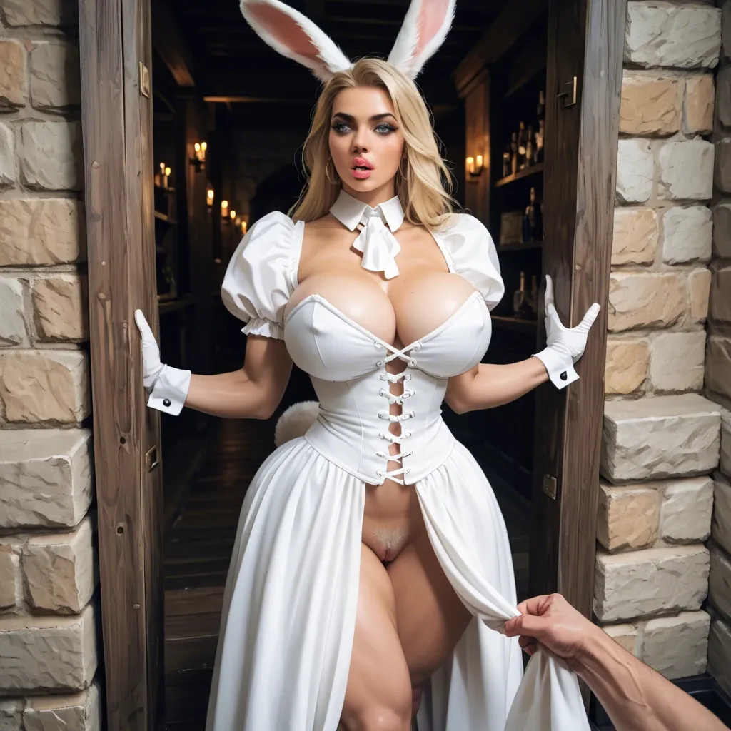 Black snout white bunny,pov standing , Standing, black snout white bunny, Medieval theme, wearing   ancient medieval dress, Blonde hair, white bunny tail, white bunny bimbo,  Bimbo huge fake tits, furry anthro,  Realistic 3d anthro, white abdominal, white bunny  anthro, sexy milf, long blonde hair,  Realistic 3d anthro, white bunny, furry anthro, Bimbo huge fake tits, white bunny,  blonde hair bimbo, Medieval theme