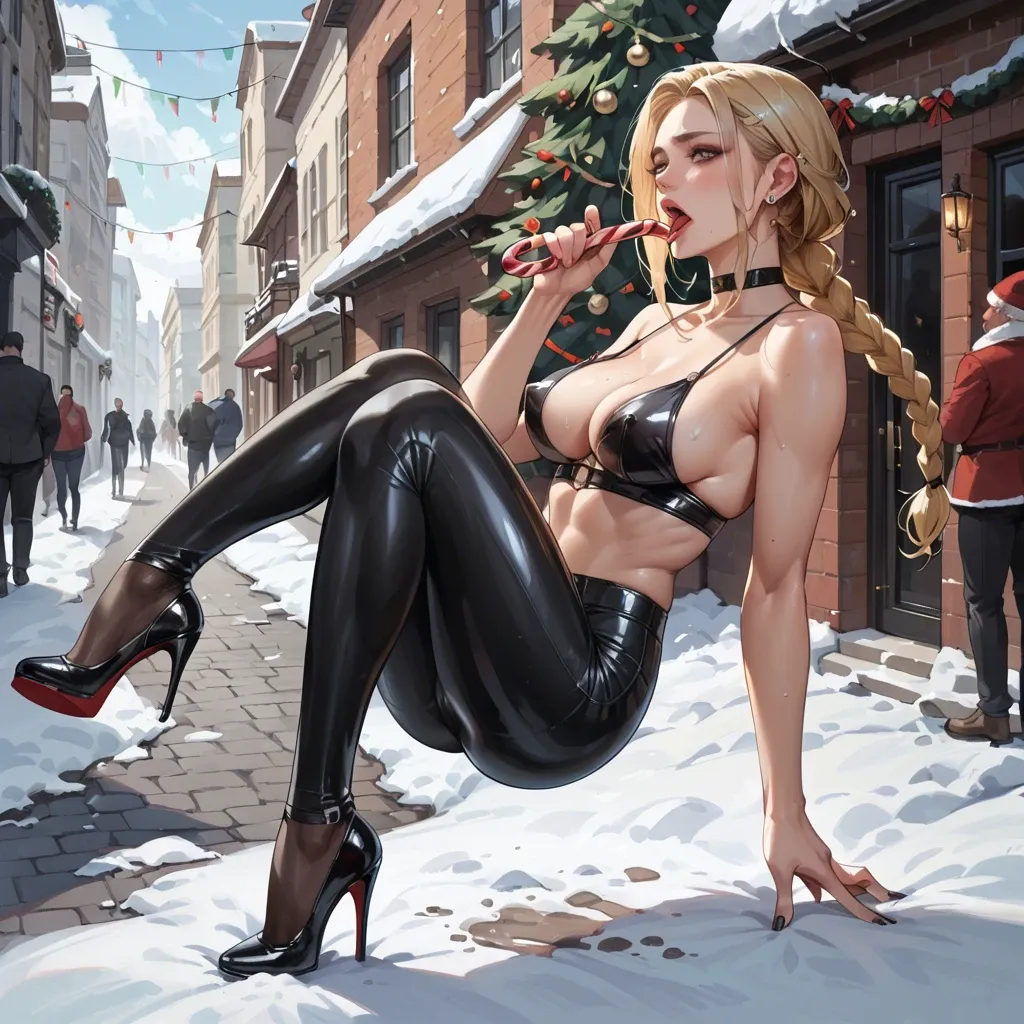 Hot blonde girl with braid, grey eyes, beautiful tits. With a naughty expression, she is licking a candy cane. In a street in winter with a lot of Christmas decorations.  She wears black high heels shoes and black latex pants very tight and we can see the curves of her big butt and her pussy camel toe.  She wears a Christmas crop top with white and red fur.  Ultra realistic.  Highly detailed.  Awesome art work.  Explicit scene Adulte content. Visual hentai art. 3D pretty