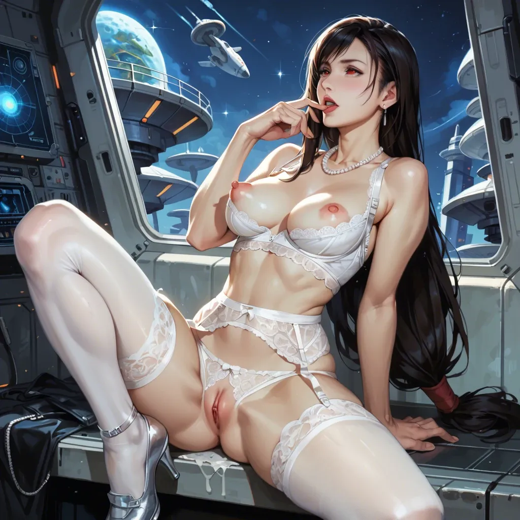 1girl,solo, , , , dimples,hand in mouth,puffy nipple,bar background,pearl necklace, blouse,white pantyhose,garter belt,sexy lingerie,shoes, nobara, sparkle, spaceship, realistic eyes, dark night, tifa lockhart, rapunzel, ariel waifu