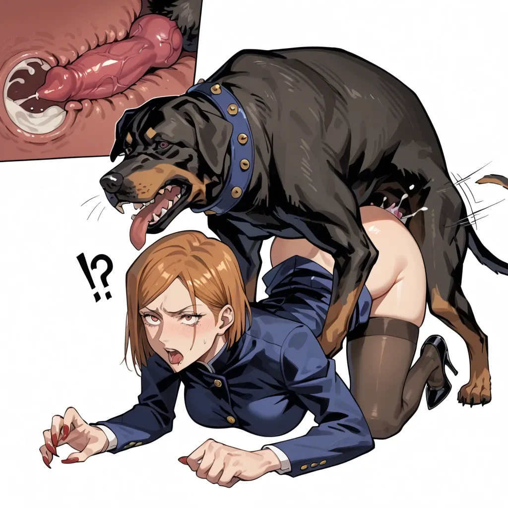 kugisaki nobara (jujutsu kaisen),stockings,platform heels,deep thrusting,internal creampie,absurdres,comic,worried ?,tears,dog,zoophilia,knotted penis,corruption,defeated,claw pose,licking face for mating,recording