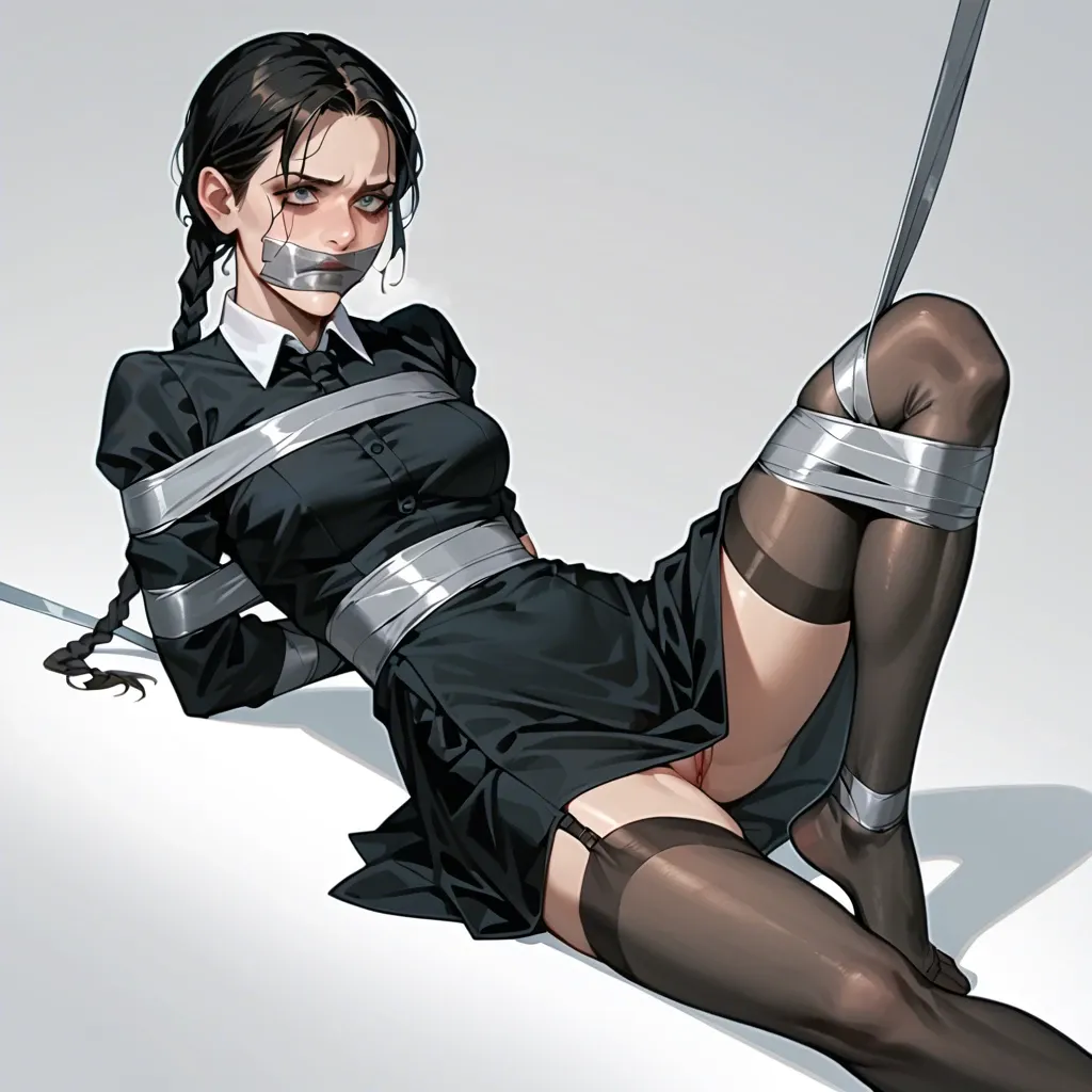 1girl, Wednesday Addams \(Wednesday\), black dress, long skirt, stockings, no shoes, wrapped in tape, tape bondage, taped up, tape gagged, tape blindfold