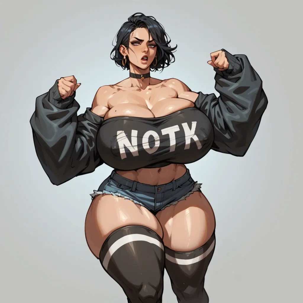 notsawl, off-shoulders, black crop top, sleeves, strapless, bursting breasts, enormous breasts, huge nipple bulge, huge hips, wide thighs, puffy thighs, thighhighs