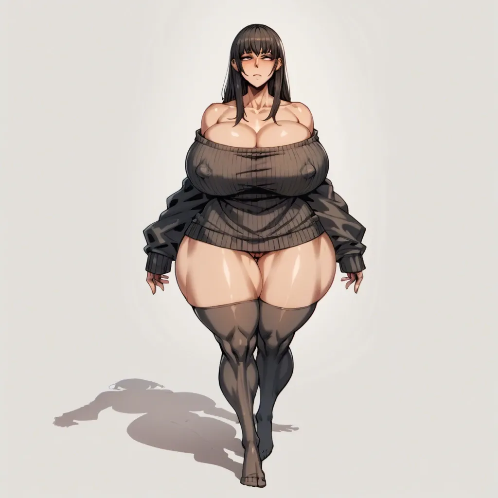 cedric dewitt, off-shoulders, black crop sweater, sleeves, bursting breasts, enormous breasts, huge nipple bulge, huge hips, wide thighs, puffy thighs, thighhighs