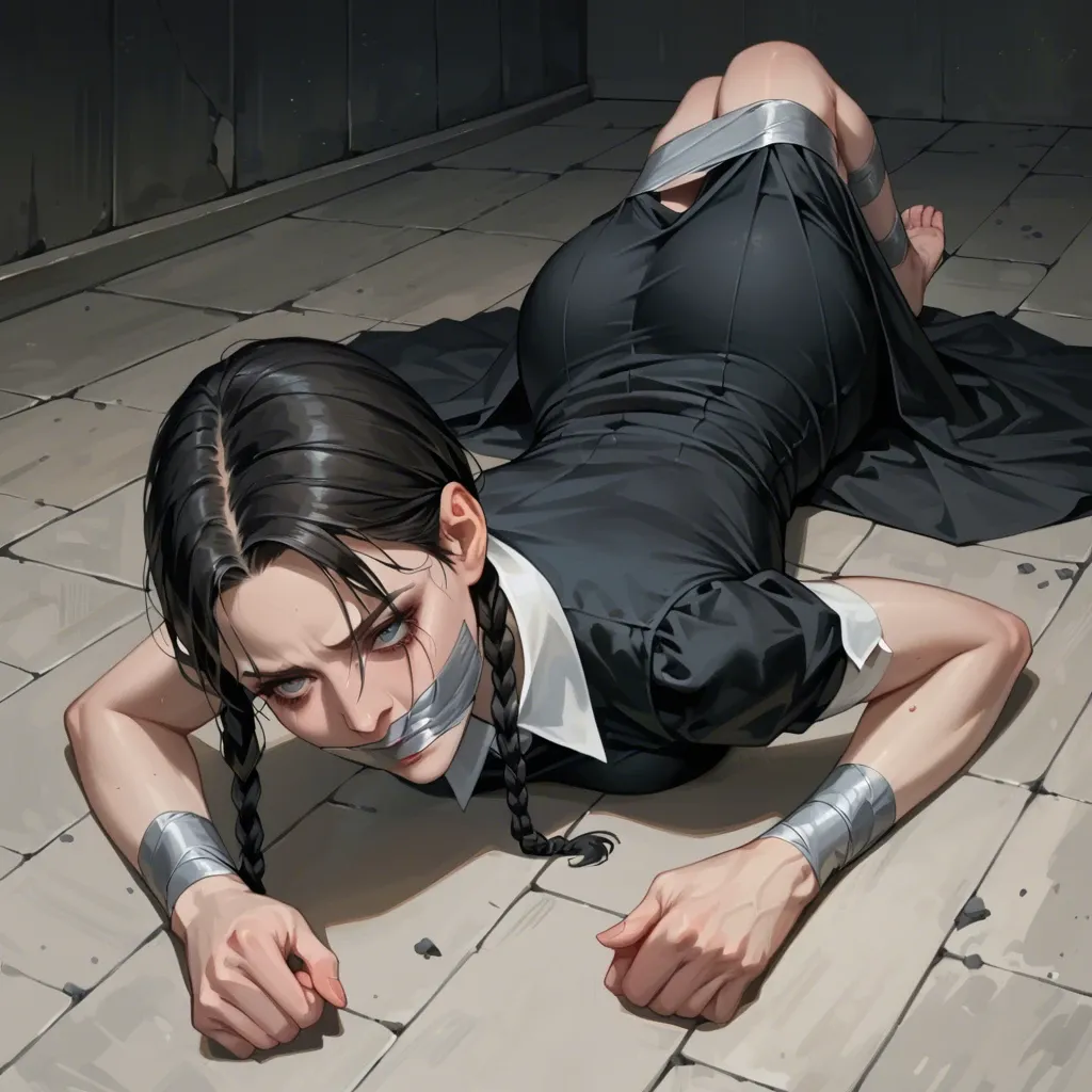 1girl, Wednesday Addams \(Wednesday\), black dress, long skirt, stockings, no shoes, hogtied, lying on stomach, tape bondage, hands behind back, legs taped, ankles taped, tape gagged