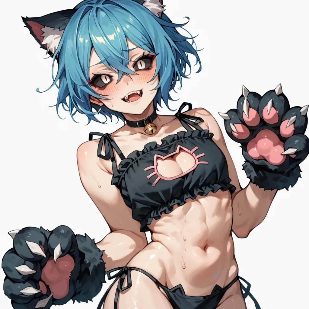 mimukauwa nice try (vocaloid), mesugaki miku,1femboy,black eyes,black sclera,blue hair,blush,cat ears,cat lingerie,cat paws,cleavage,deep navel,fangs,looking at viewer,navel,nervous,nipples,on table,simple background,sitting,smug face,solo,steaming body,kitty stockings,sweat,kitty thong,twintails,big penis, puffy nipples,heavy breathing,taker pov,testicles,thick thighs,low-angle view,shirt,