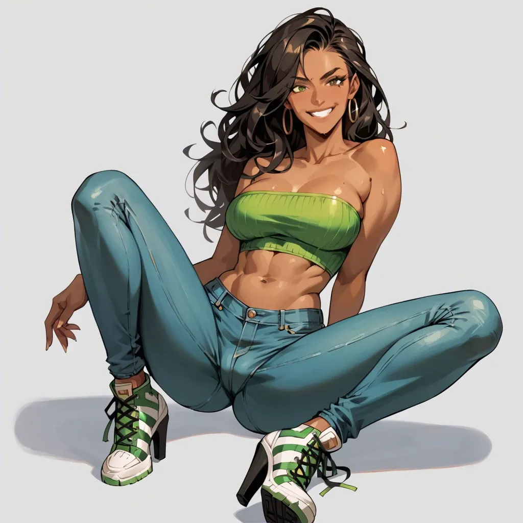 roberta tubbs from the cleveland show, dark brown skin, large round ass, smiling, long hair, straightened hair, black hair with blonde stripe, skin tight strapless green tube top, skin tight low rise jeans, heeled sneakers, visible midriff, belly button piercing, nightclub, standing