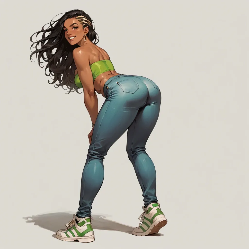 roberta tubbs from the cleveland show, dark brown skin, large round ass, smiling, long hair, straightened hair, black hair with blonde stripe, skin tight strapless green tube top, skin tight low rise jeans, sneakers, visible midriff, belly button piercing, nightclub, standing