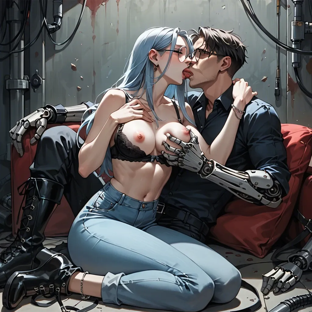 2girl, , , , pinching,mechanical arm,show nipple,grab breasts,wide shoulders, dark eyes,five fingers,nipple sucking,very slim waist,light blue skin, pants,anklets,round glasses,pulled bra,gothic boots, barely, street fighter, throne room, robot body, rich detailed, dark pupils, mario and luigi, waifu