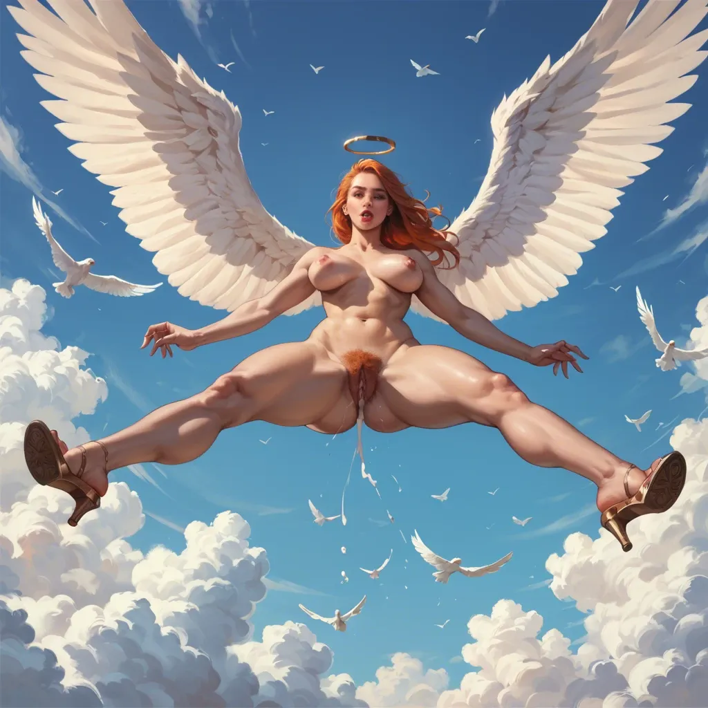 Creampie, angel with wings flying in sky, aureole light, Photorealistic, bimbo, pawg, thick thighs, really really very wide hips, hairy pussy, ginger hair, naked, eye contact, standing, eye contact, open legs, no birds